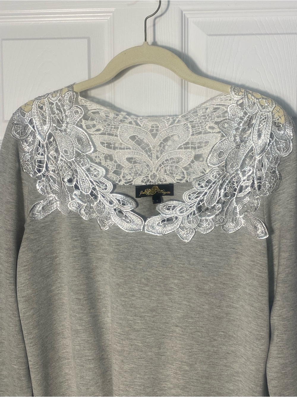 HSN Joan Boyce Top with Lace Cutout Trim with Long Sleeve. Light Gray M